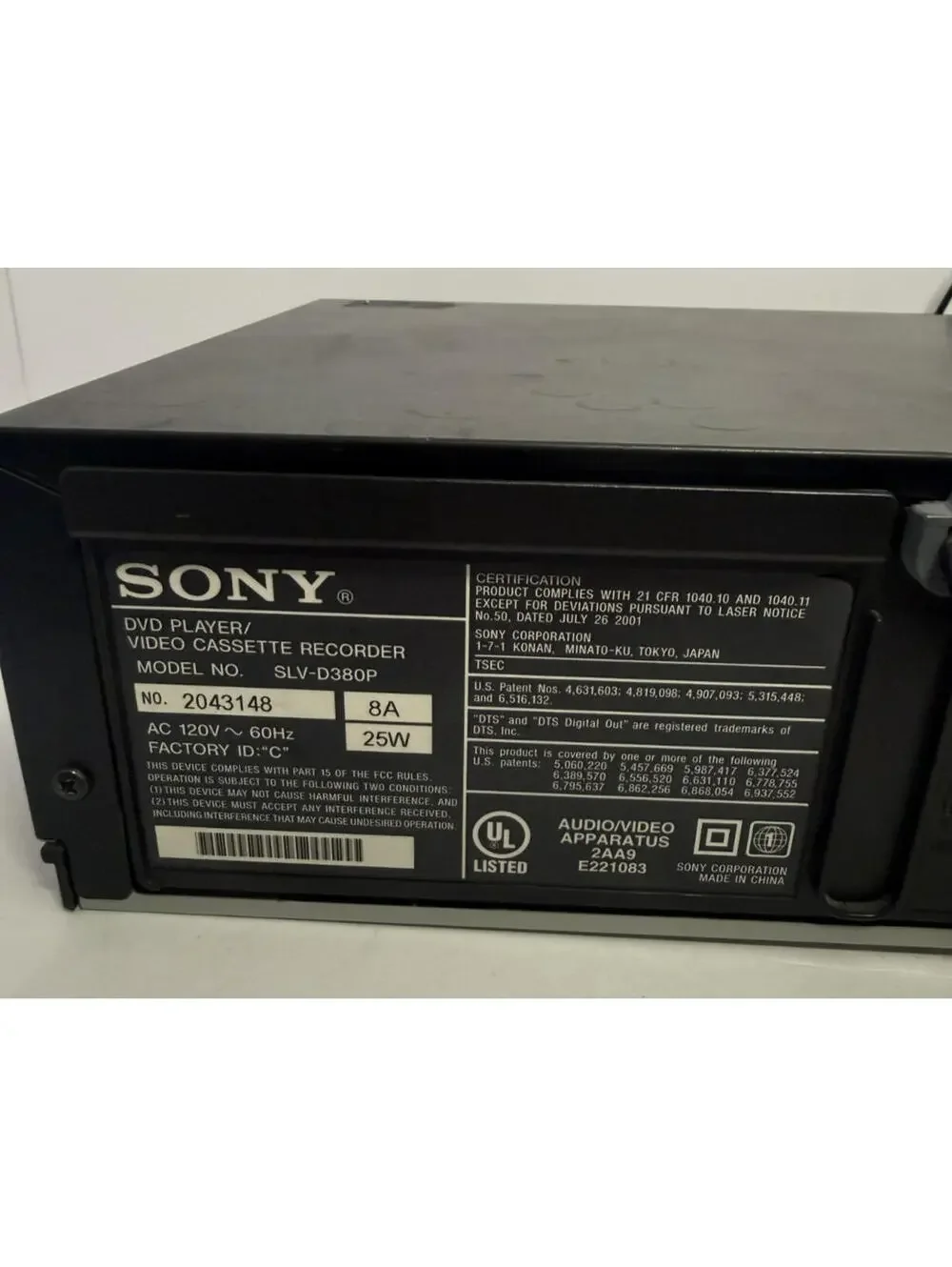 SONY SLV-D380P DVD VHS Combo Player & Recorder - VCR WORKS - DVD 